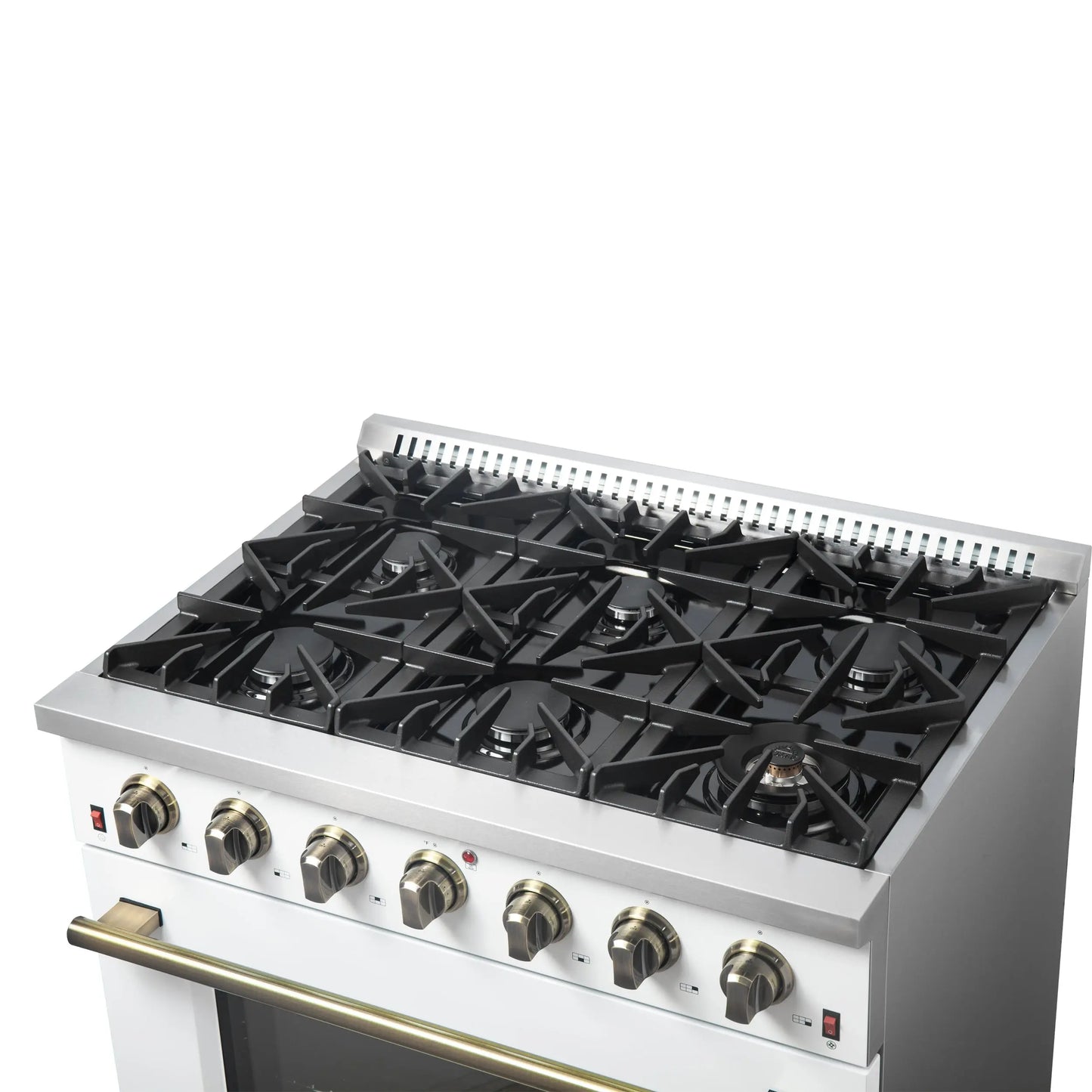 Forno Galiano 36-inch Freestanding Gas Range in White with Antique Brass Design, 6 Burners, 83,000 BTU, 5.36 cu.ft. Convection Oven FORNO