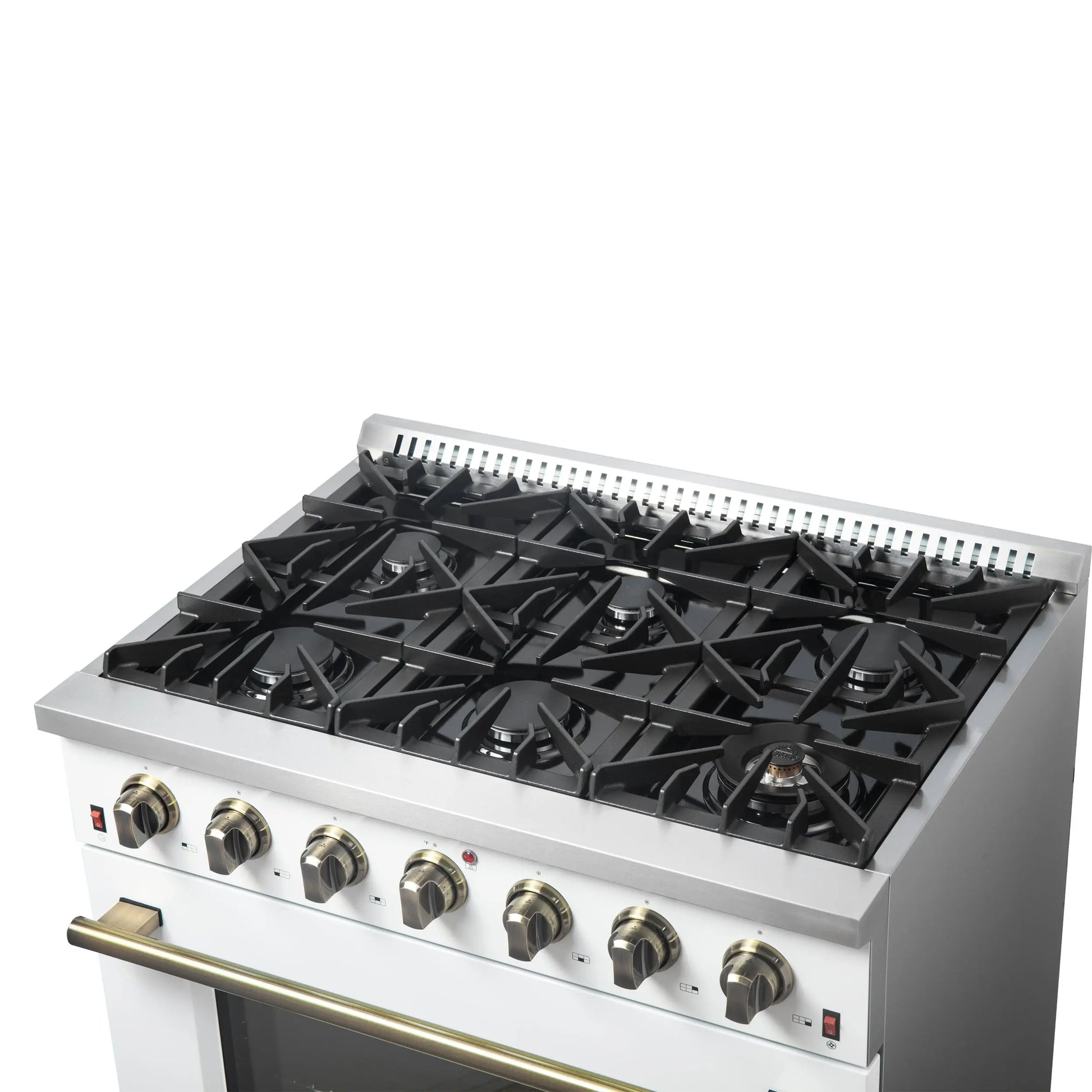Forno Galiano 36-inch Freestanding Gas Range in White with Antique Brass Design, 6 Burners, 83,000 BTU, 5.36 cu.ft. Convection Oven FORNO