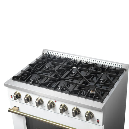 Forno Galiano 36-inch Freestanding Gas Range in White with Antique Brass Design, 6 Burners, 83,000 BTU, 5.36 cu.ft. Convection Oven FORNO