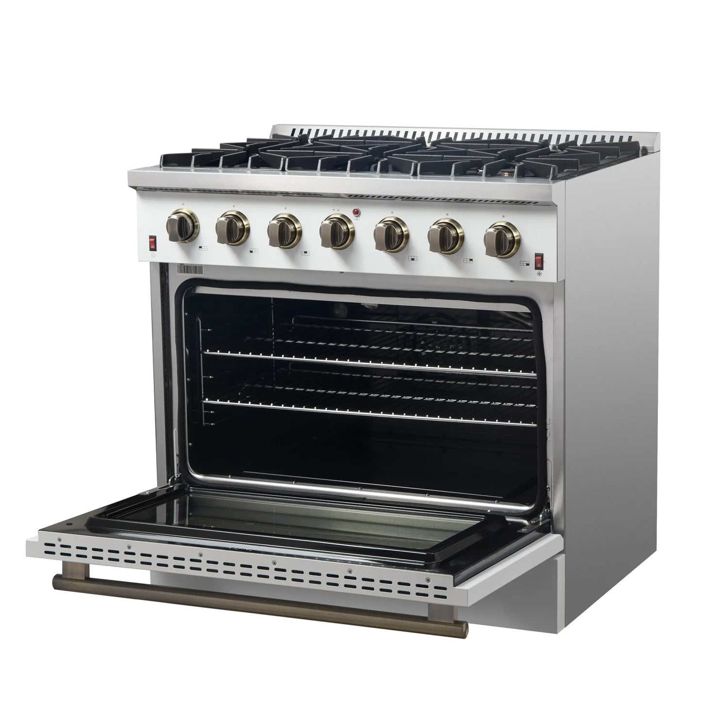 Forno Galiano 36-inch Freestanding Gas Range in White with Antique Brass Design, 6 Burners, 83,000 BTU, 5.36 cu.ft. Convection Oven FORNO