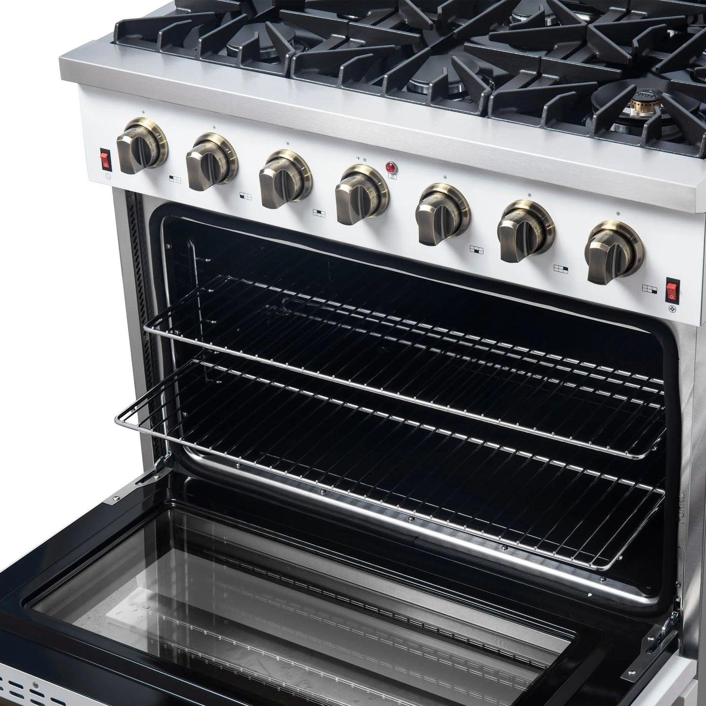 Forno Galiano 36-inch Freestanding Gas Range in White with Antique Brass Design, 6 Burners, 83,000 BTU, 5.36 cu.ft. Convection Oven FORNO