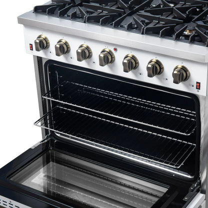 Forno Galiano 36-inch Freestanding Gas Range in White with Antique Brass Design, 6 Burners, 83,000 BTU, 5.36 cu.ft. Convection Oven FORNO