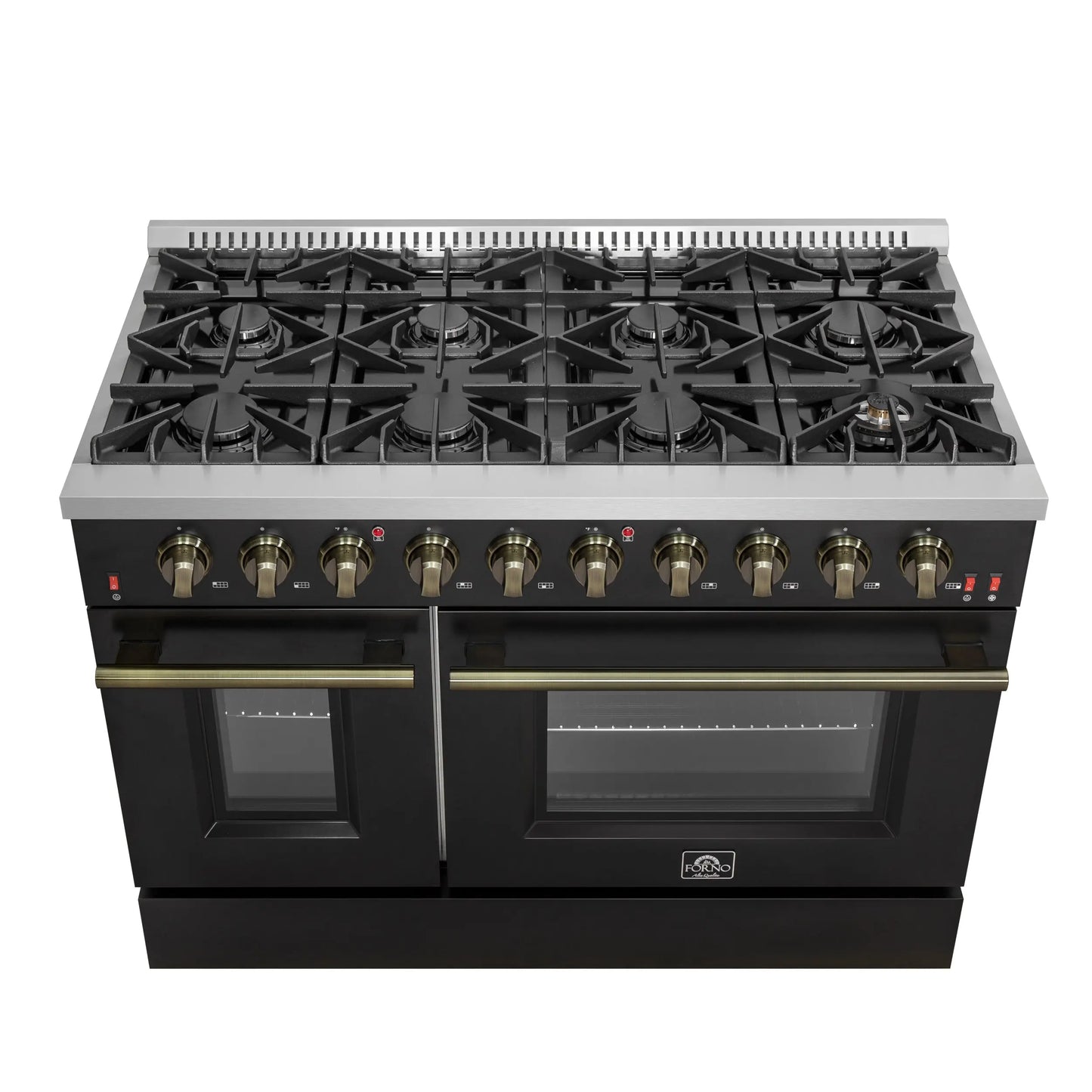 FORNO Galiano 48-inch Gas Range Black & Antique Brass Design, 8 Burners, 107,000 BTU, Griddle, 6.58 cu.ft. Double Ovens FORNO