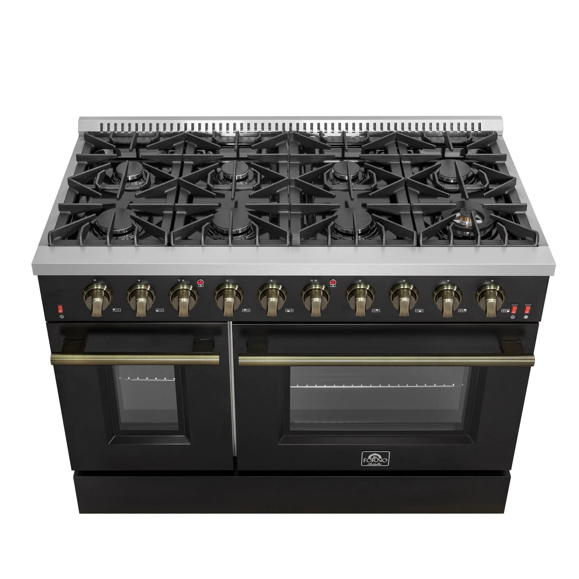 FORNO Galiano 48-inch Gas Range Black & Antique Brass Design, 8 Burners, 107,000 BTU, Griddle, 6.58 cu.ft. Double Ovens FORNO