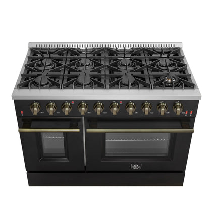 FORNO Galiano 48-inch Gas Range Black & Antique Brass Design, 8 Burners, 107,000 BTU, Griddle, 6.58 cu.ft. Double Ovens FORNO