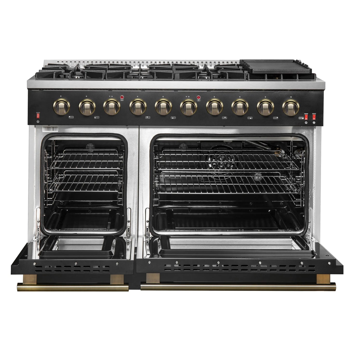 FORNO Galiano 48-inch Gas Range Black & Antique Brass Design, 8 Burners, 107,000 BTU, Griddle, 6.58 cu.ft. Double Ovens FORNO