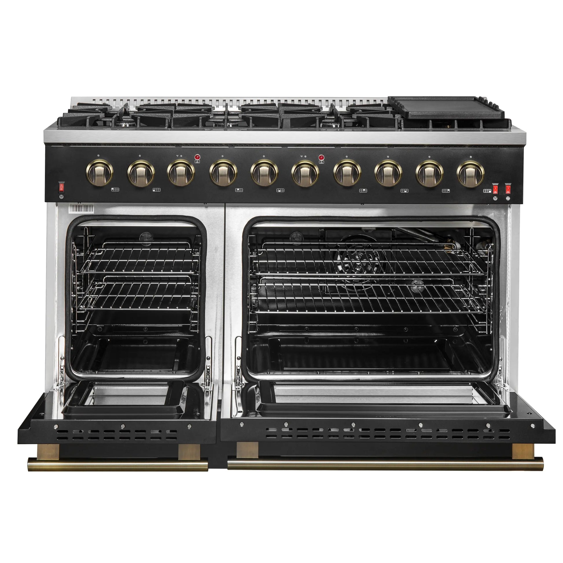 FORNO Galiano 48-inch Gas Range Black & Antique Brass Design, 8 Burners, 107,000 BTU, Griddle, 6.58 cu.ft. Double Ovens FORNO
