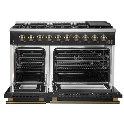 FORNO Galiano 48-inch Gas Range Black & Antique Brass Design, 8 Burners, 107,000 BTU, Griddle, 6.58 cu.ft. Double Ovens FORNO