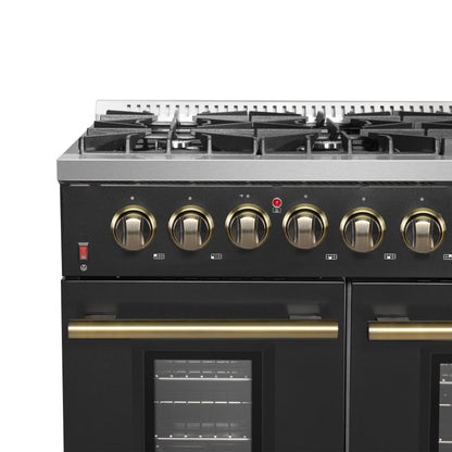 FORNO Galiano 48-inch Gas Range Black & Antique Brass Design, 8 Burners, 107,000 BTU, Griddle, 6.58 cu.ft. Double Ovens FORNO