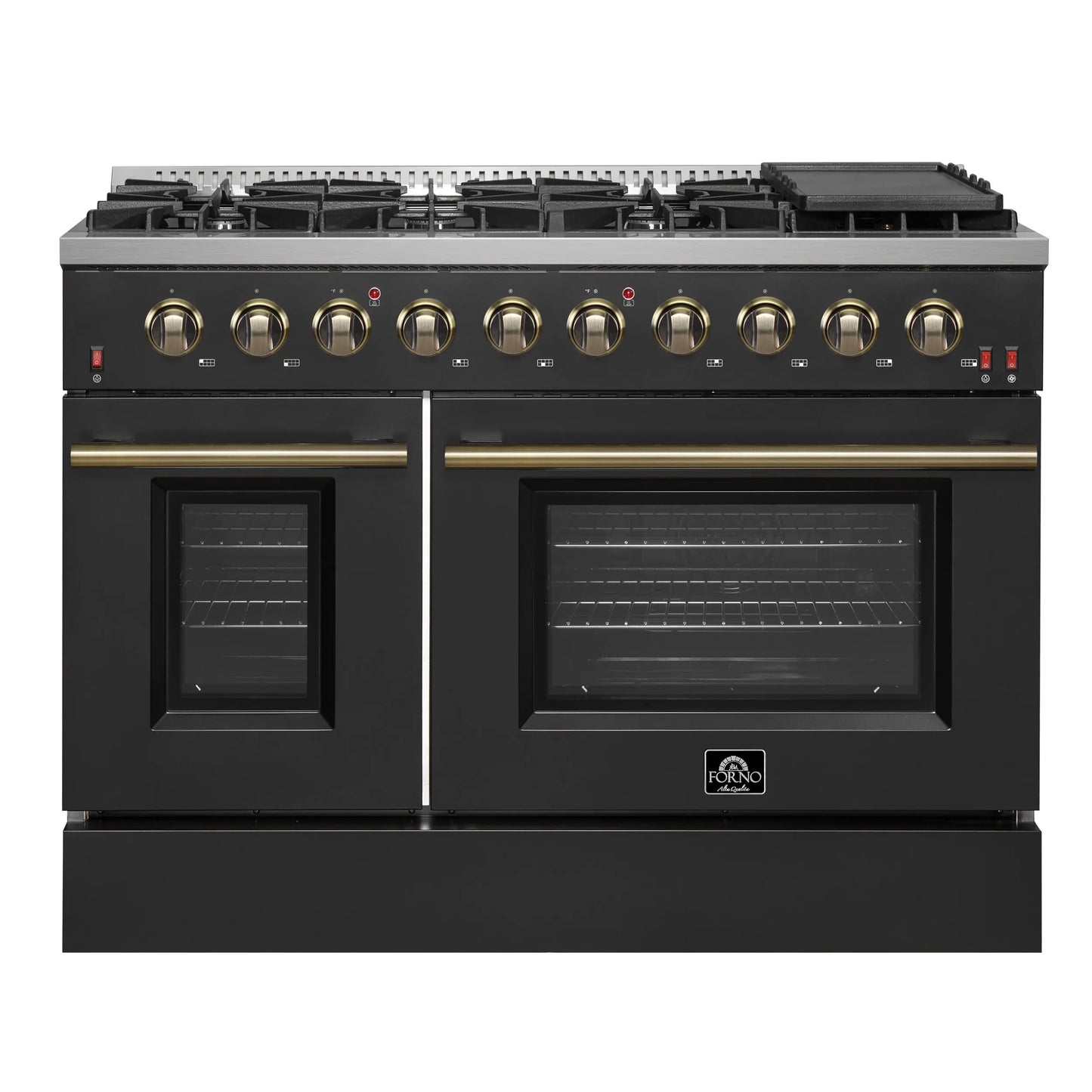 FORNO Galiano 48-inch Gas Range Black & Antique Brass Design, 8 Burners, 107,000 BTU, Griddle, 6.58 cu.ft. Double Ovens FORNO
