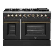 FORNO Galiano 48-inch Gas Range Black & Antique Brass Design, 8 Burners, 107,000 BTU, Griddle, 6.58 cu.ft. Double Ovens FORNO