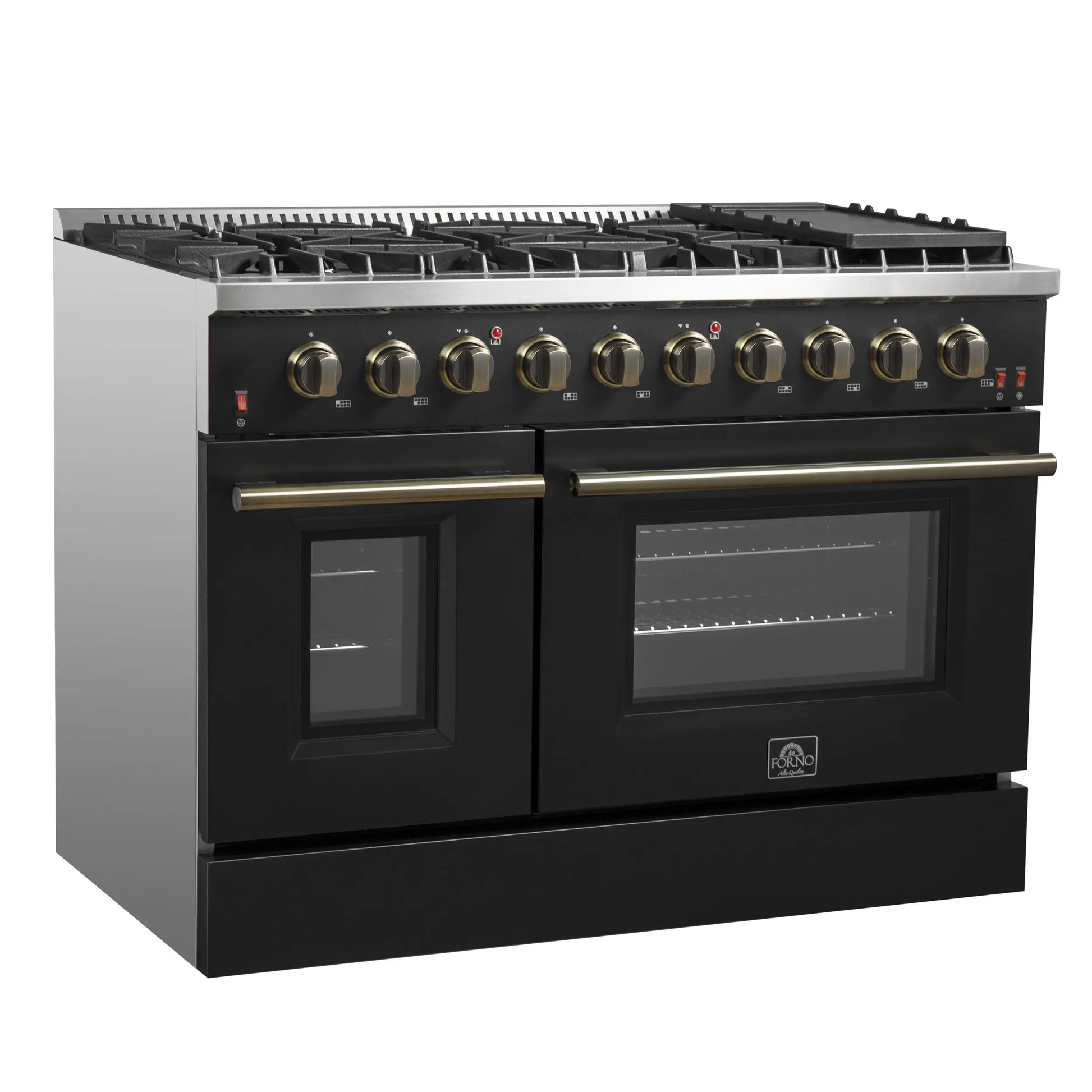 FORNO Galiano 48-inch Gas Range Black & Antique Brass Design, 8 Burners, 107,000 BTU, Griddle, 6.58 cu.ft. Double Ovens FORNO