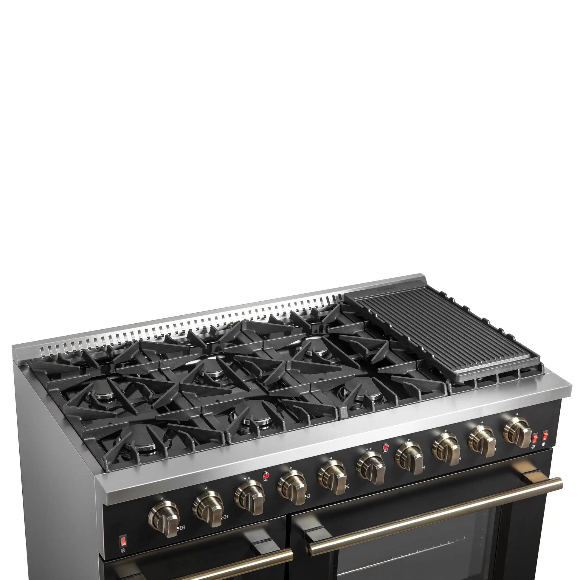 FORNO Galiano 48-inch Gas Range Black & Antique Brass Design, 8 Burners, 107,000 BTU, Griddle, 6.58 cu.ft. Double Ovens FORNO