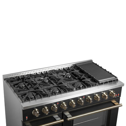 FORNO Galiano 48-inch Gas Range Black & Antique Brass Design, 8 Burners, 107,000 BTU, Griddle, 6.58 cu.ft. Double Ovens FORNO