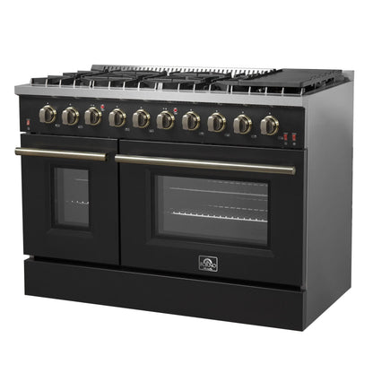 FORNO Galiano 48-inch Gas Range Black & Antique Brass Design, 8 Burners, 107,000 BTU, Griddle, 6.58 cu.ft. Double Ovens FORNO