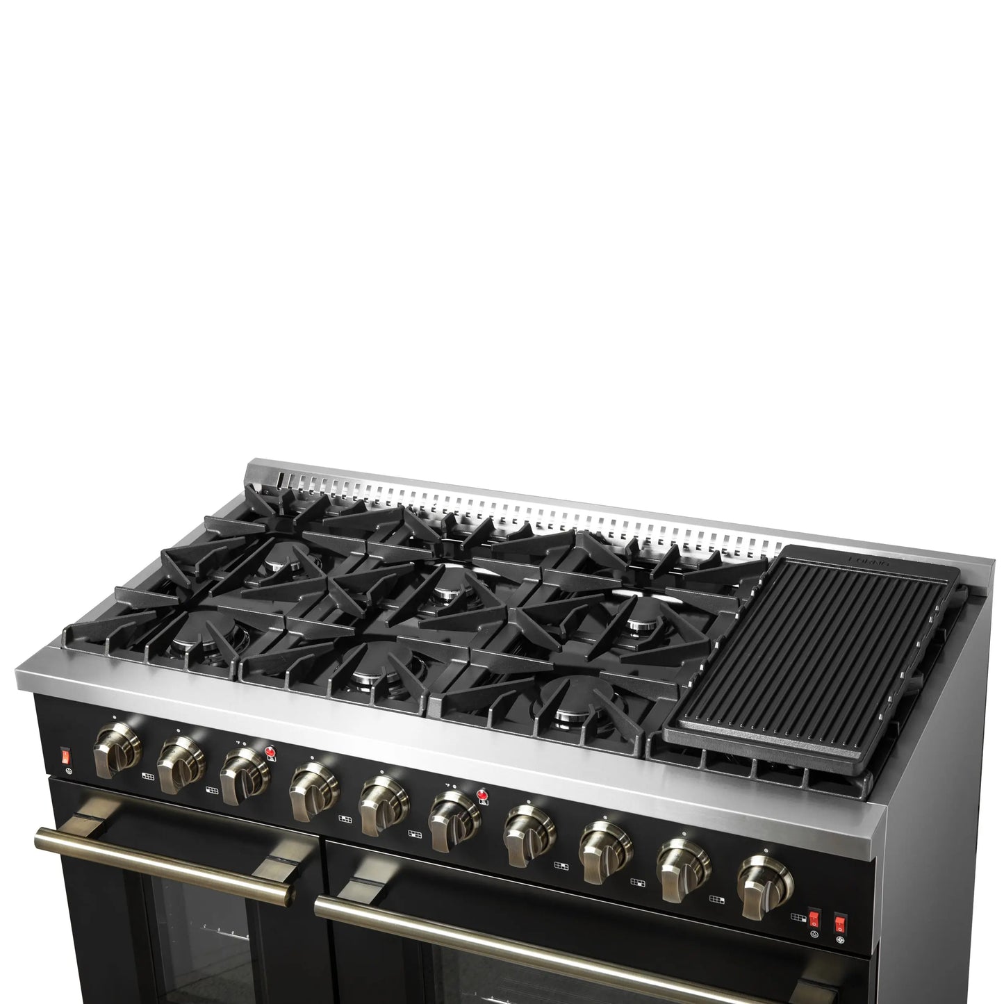 FORNO Galiano 48-inch Gas Range Black & Antique Brass Design, 8 Burners, 107,000 BTU, Griddle, 6.58 cu.ft. Double Ovens FORNO