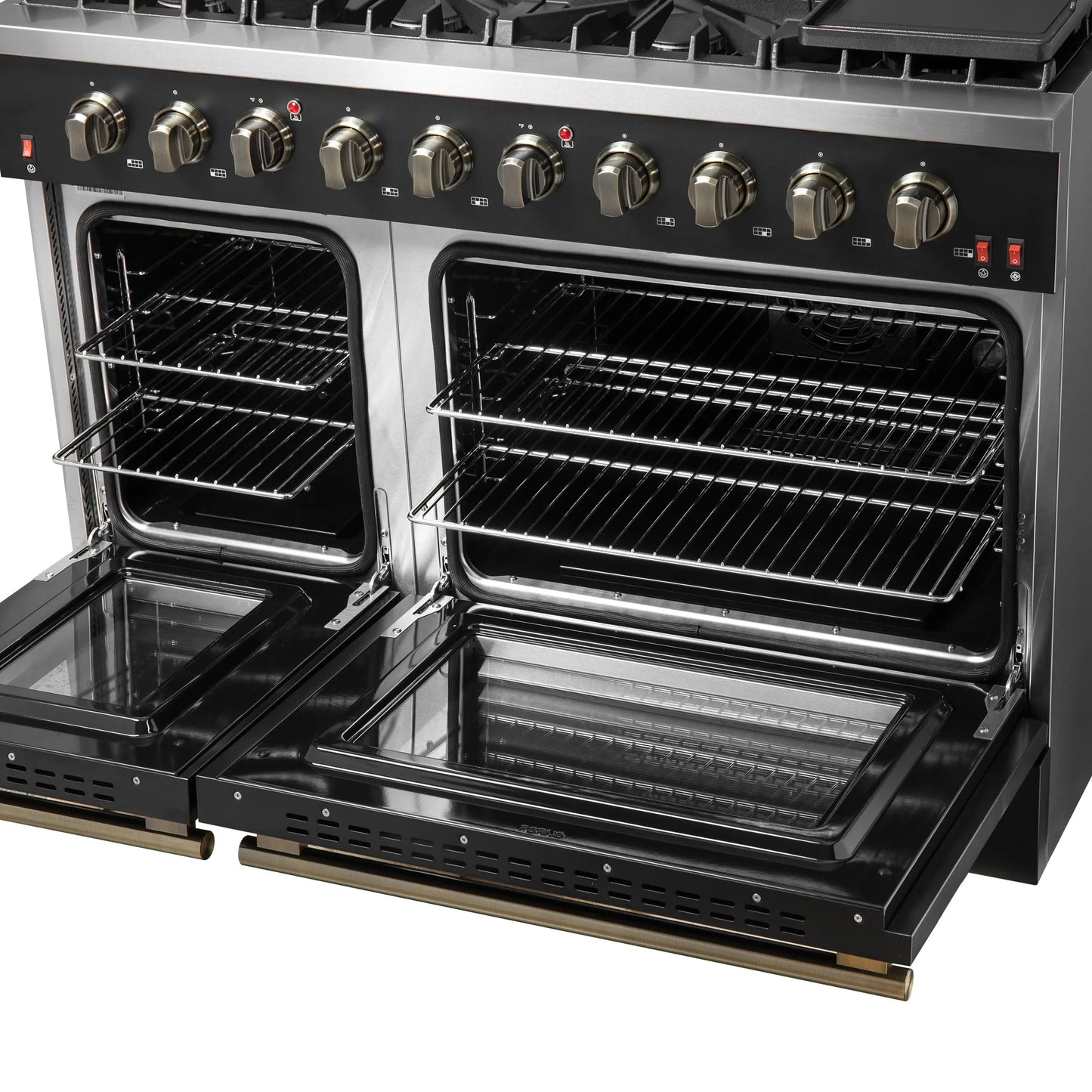 FORNO Galiano 48-inch Gas Range Black & Antique Brass Design, 8 Burners, 107,000 BTU, Griddle, 6.58 cu.ft. Double Ovens FORNO