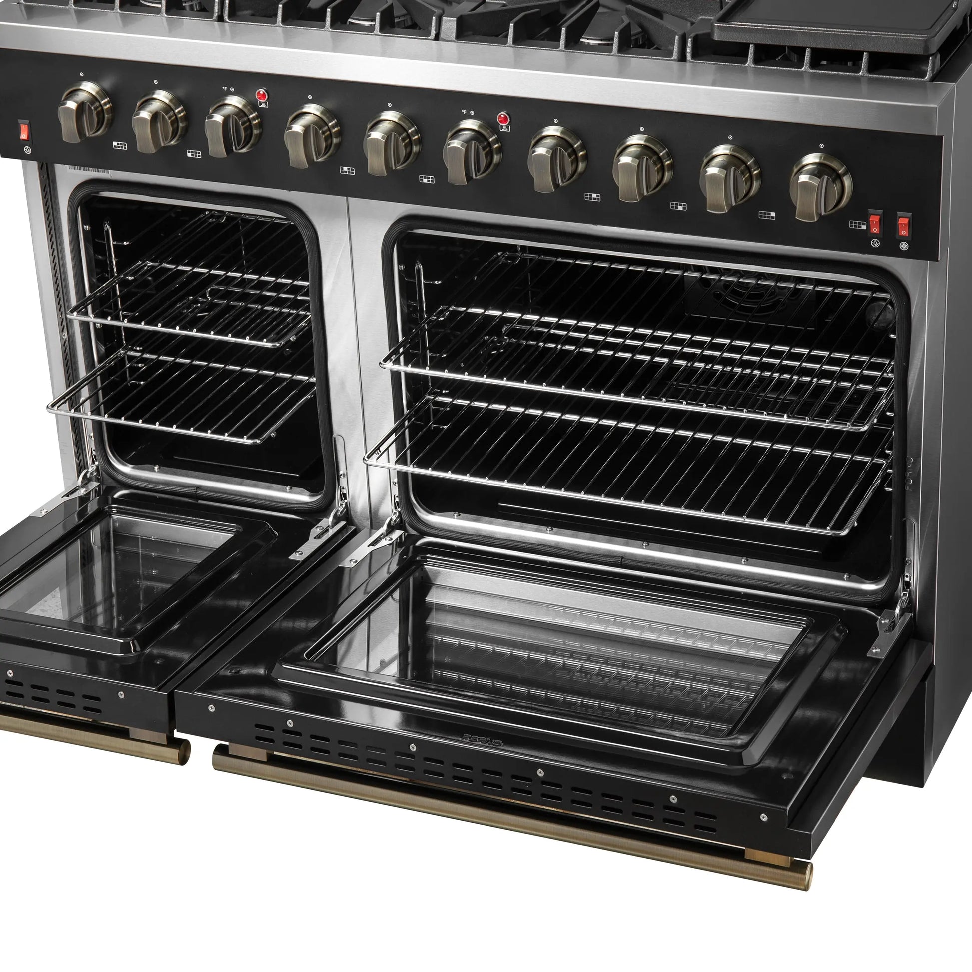 FORNO Galiano 48-inch Gas Range Black & Antique Brass Design, 8 Burners, 107,000 BTU, Griddle, 6.58 cu.ft. Double Ovens FORNO