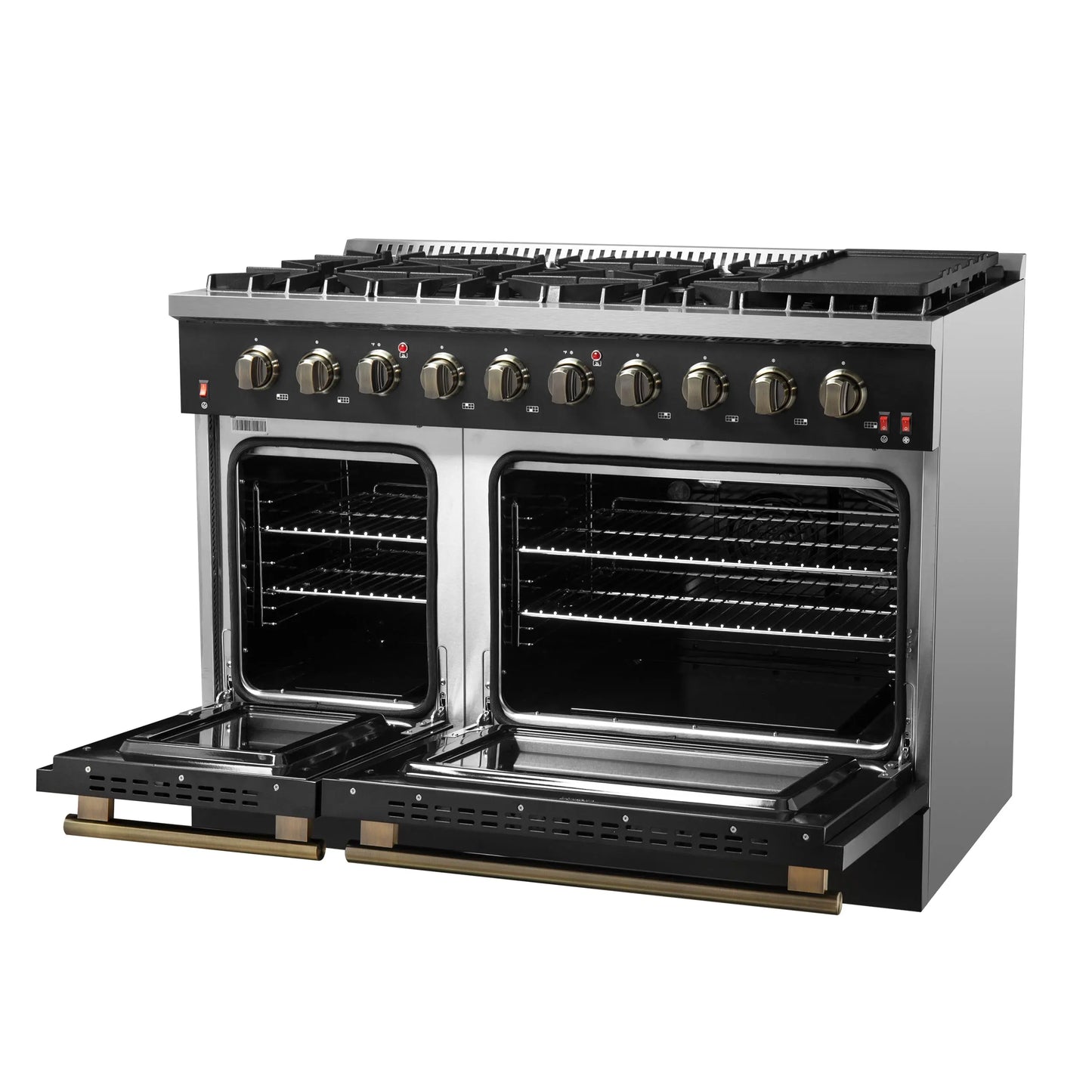 FORNO Galiano 48-inch Gas Range Black & Antique Brass Design, 8 Burners, 107,000 BTU, Griddle, 6.58 cu.ft. Double Ovens FORNO