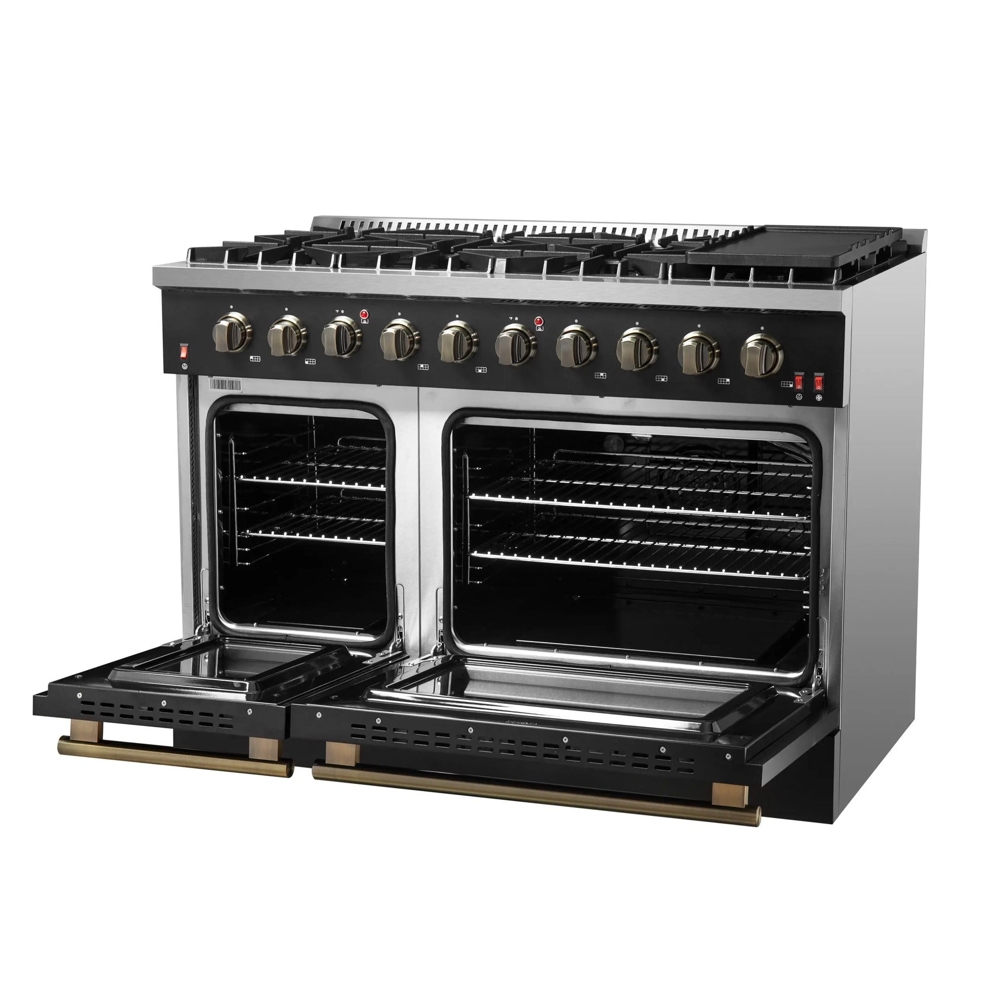 FORNO Galiano 48-inch Gas Range Black & Antique Brass Design, 8 Burners, 107,000 BTU, Griddle, 6.58 cu.ft. Double Ovens FORNO
