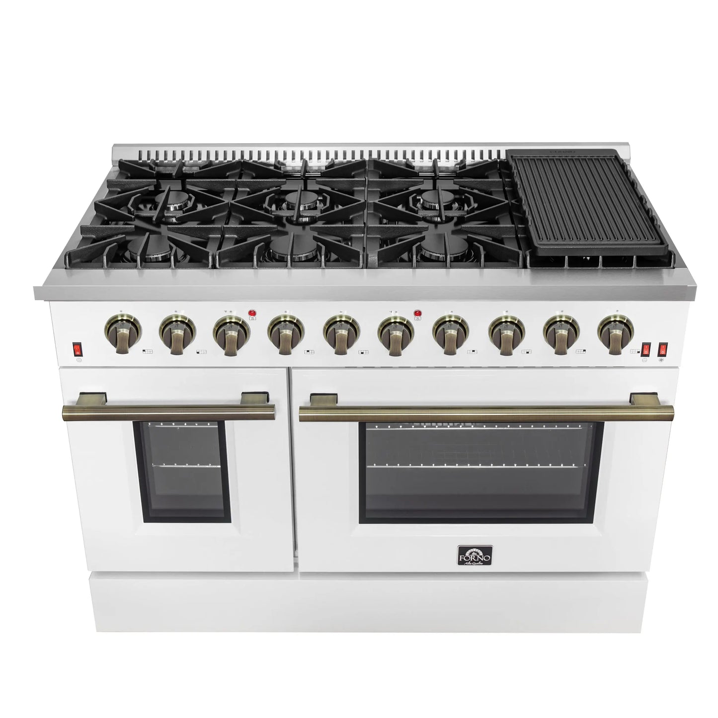FORNO Galiano 48-inch Gas Range White & Antique Brass Design, 8 Burners, 107,000 BTU, Griddle, 6.58 cu.ft. Double Ovens FORNO