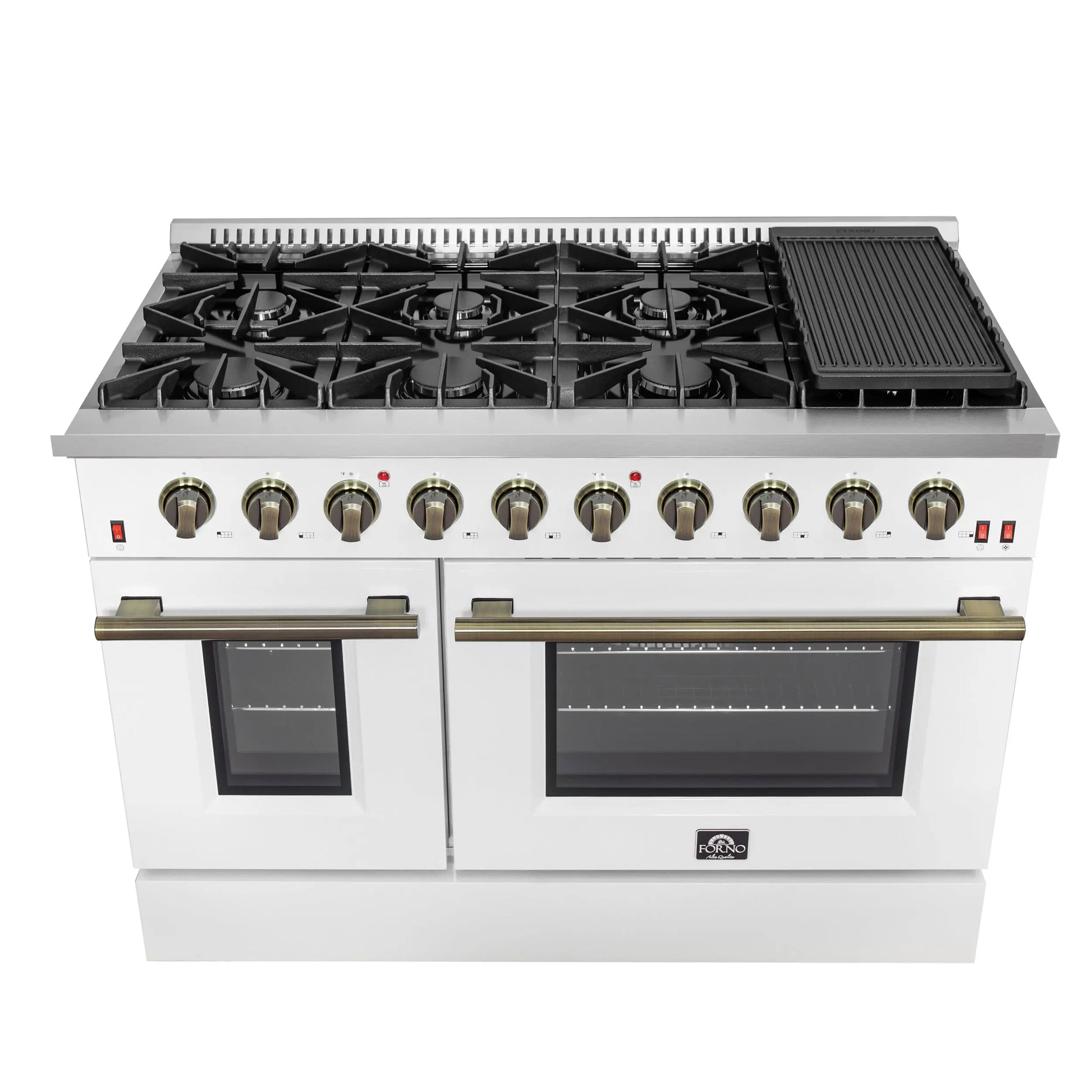 FORNO Galiano 48-inch Gas Range White & Antique Brass Design, 8 Burners, 107,000 BTU, Griddle, 6.58 cu.ft. Double Ovens FORNO