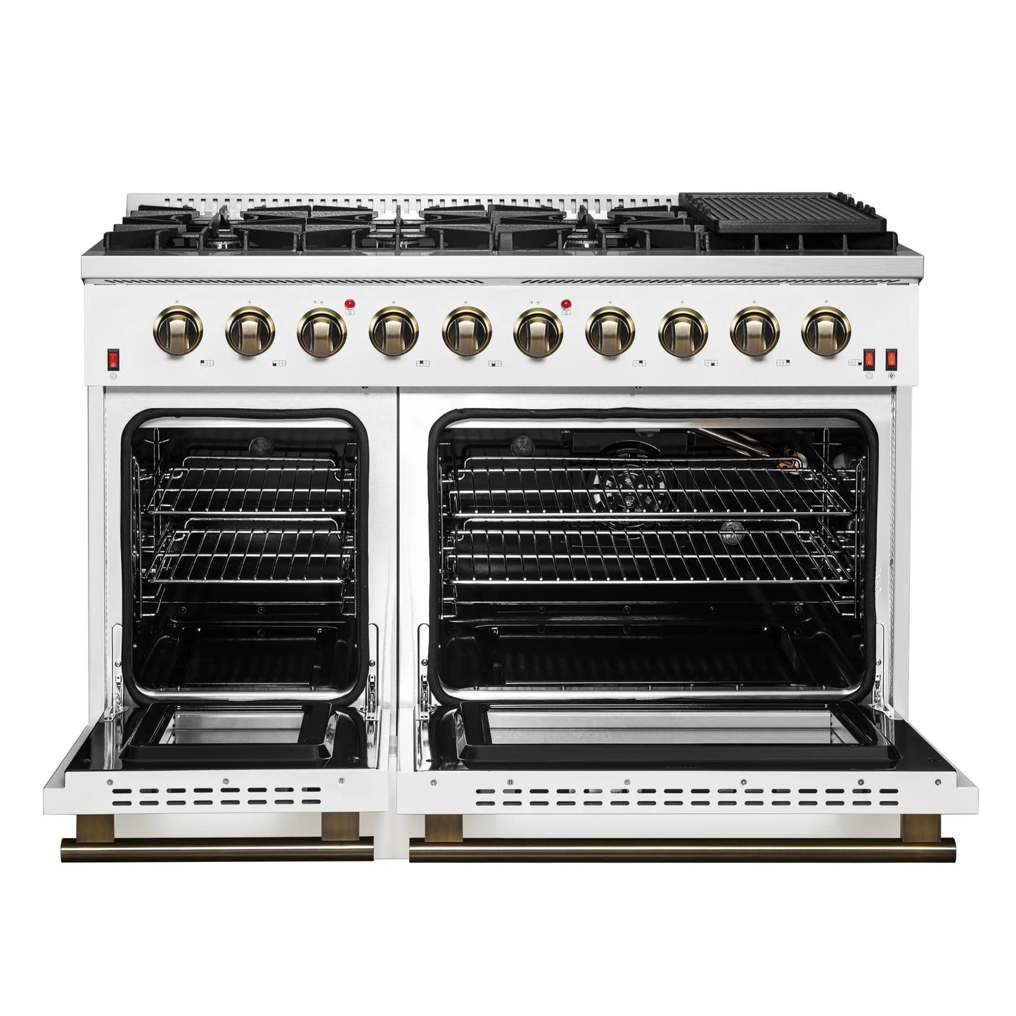 FORNO Galiano 48-inch Gas Range White & Antique Brass Design, 8 Burners, 107,000 BTU, Griddle, 6.58 cu.ft. Double Ovens FORNO