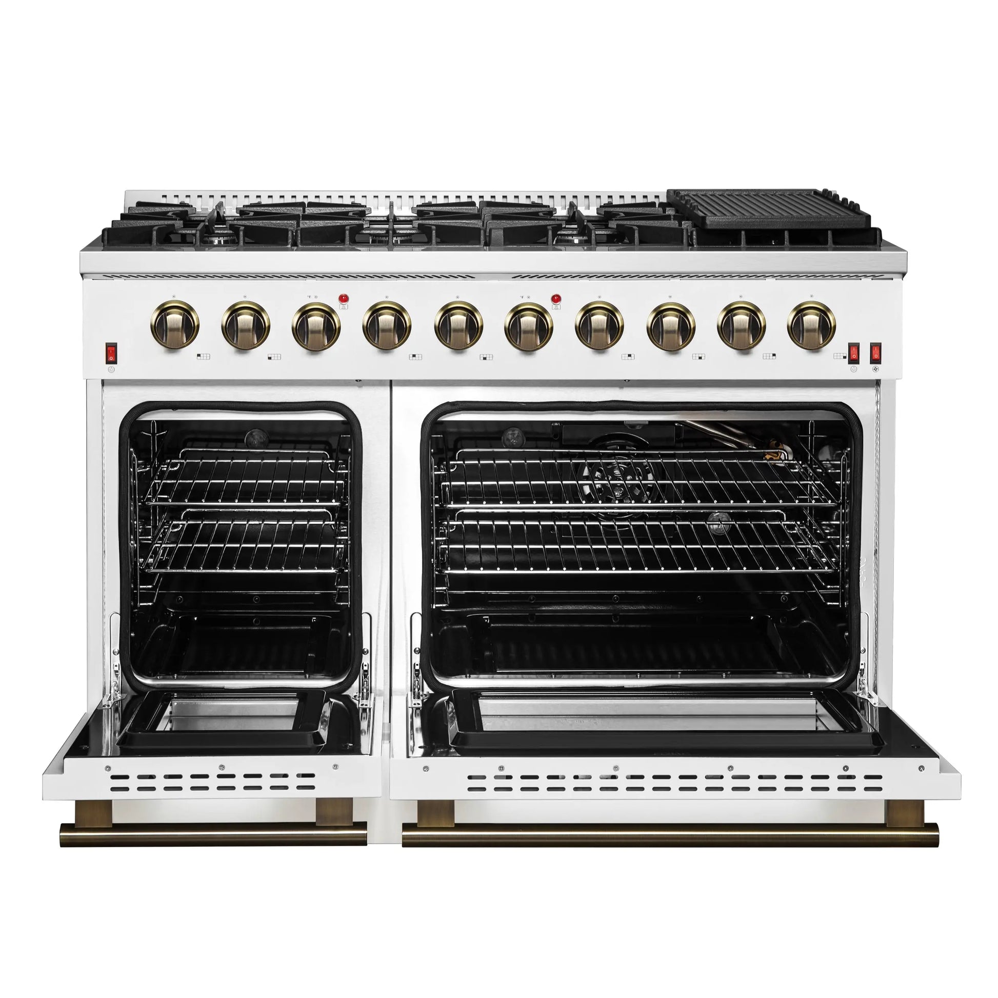 FORNO Galiano 48-inch Gas Range White & Antique Brass Design, 8 Burners, 107,000 BTU, Griddle, 6.58 cu.ft. Double Ovens FORNO