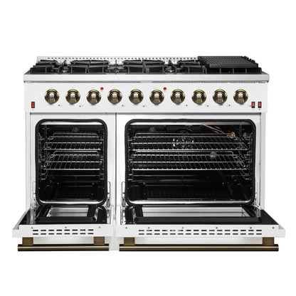 FORNO Galiano 48-inch Gas Range White & Antique Brass Design, 8 Burners, 107,000 BTU, Griddle, 6.58 cu.ft. Double Ovens FORNO