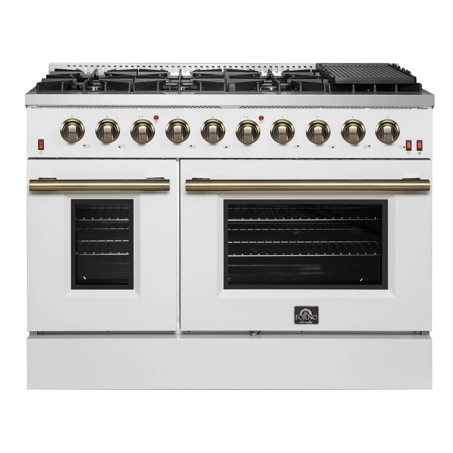 FORNO Galiano 48-inch Gas Range White & Antique Brass Design, 8 Burners, 107,000 BTU, Griddle, 6.58 cu.ft. Double Ovens FORNO