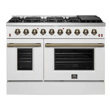 FORNO Galiano 48-inch Gas Range White & Antique Brass Design, 8 Burners, 107,000 BTU, Griddle, 6.58 cu.ft. Double Ovens FORNO