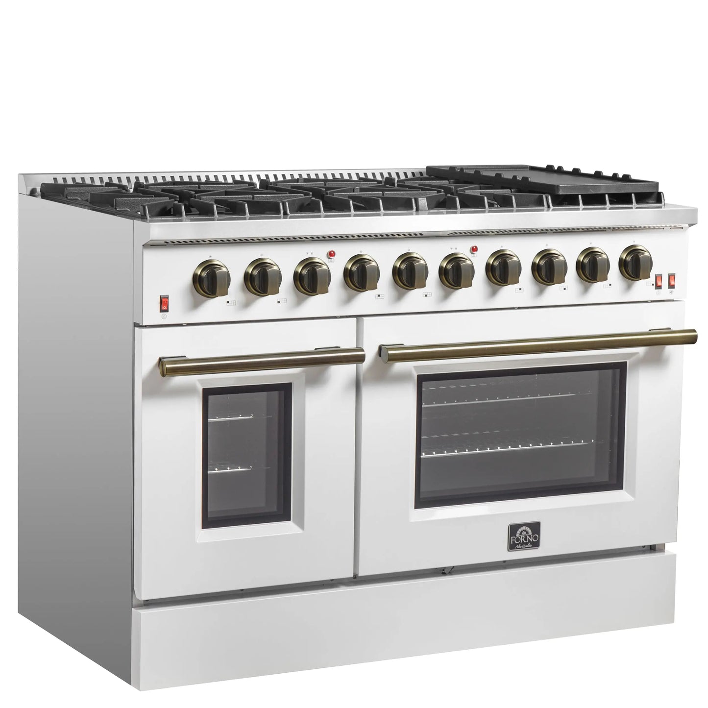 FORNO Galiano 48-inch Gas Range White & Antique Brass Design, 8 Burners, 107,000 BTU, Griddle, 6.58 cu.ft. Double Ovens FORNO