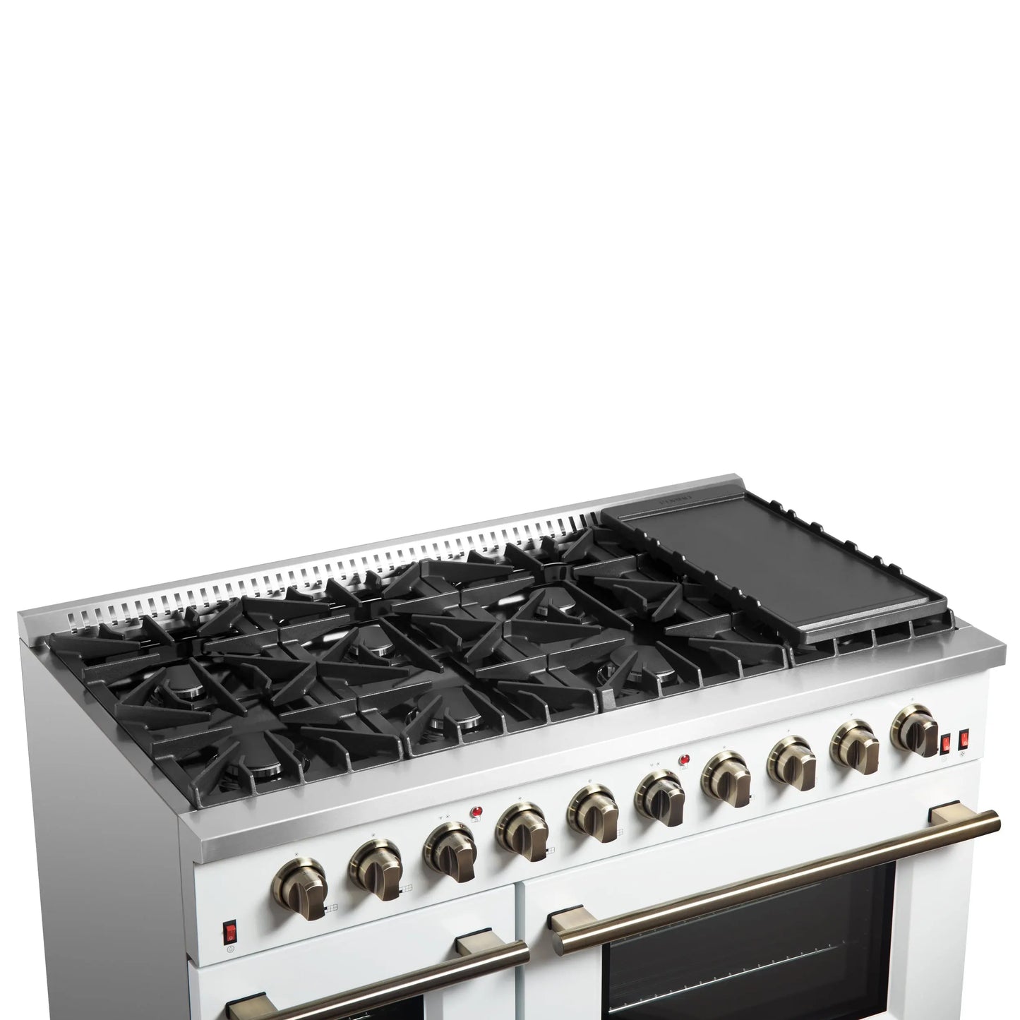 FORNO Galiano 48-inch Gas Range White & Antique Brass Design, 8 Burners, 107,000 BTU, Griddle, 6.58 cu.ft. Double Ovens FORNO