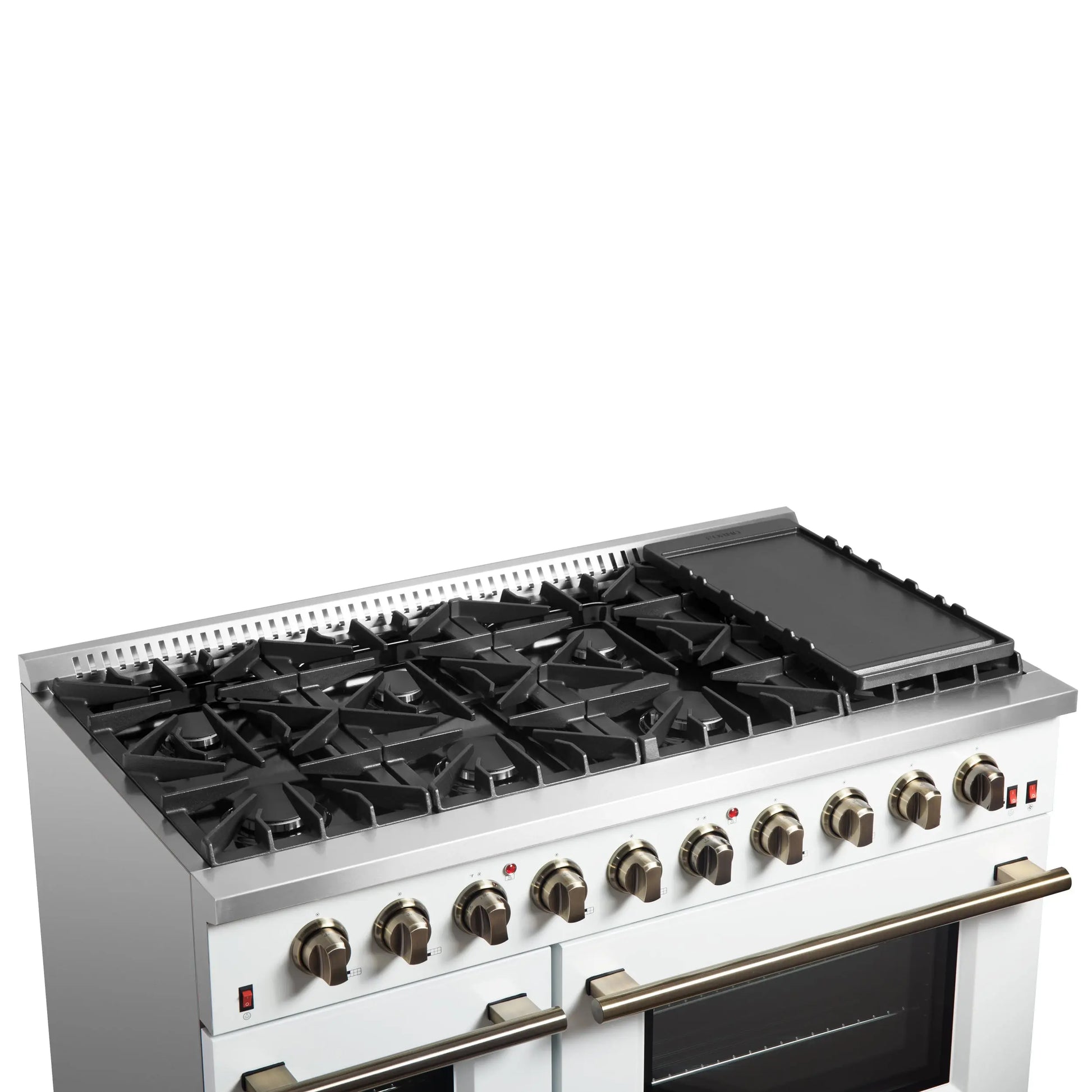 FORNO Galiano 48-inch Gas Range White & Antique Brass Design, 8 Burners, 107,000 BTU, Griddle, 6.58 cu.ft. Double Ovens FORNO