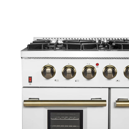 FORNO Galiano 48-inch Gas Range White & Antique Brass Design, 8 Burners, 107,000 BTU, Griddle, 6.58 cu.ft. Double Ovens FORNO