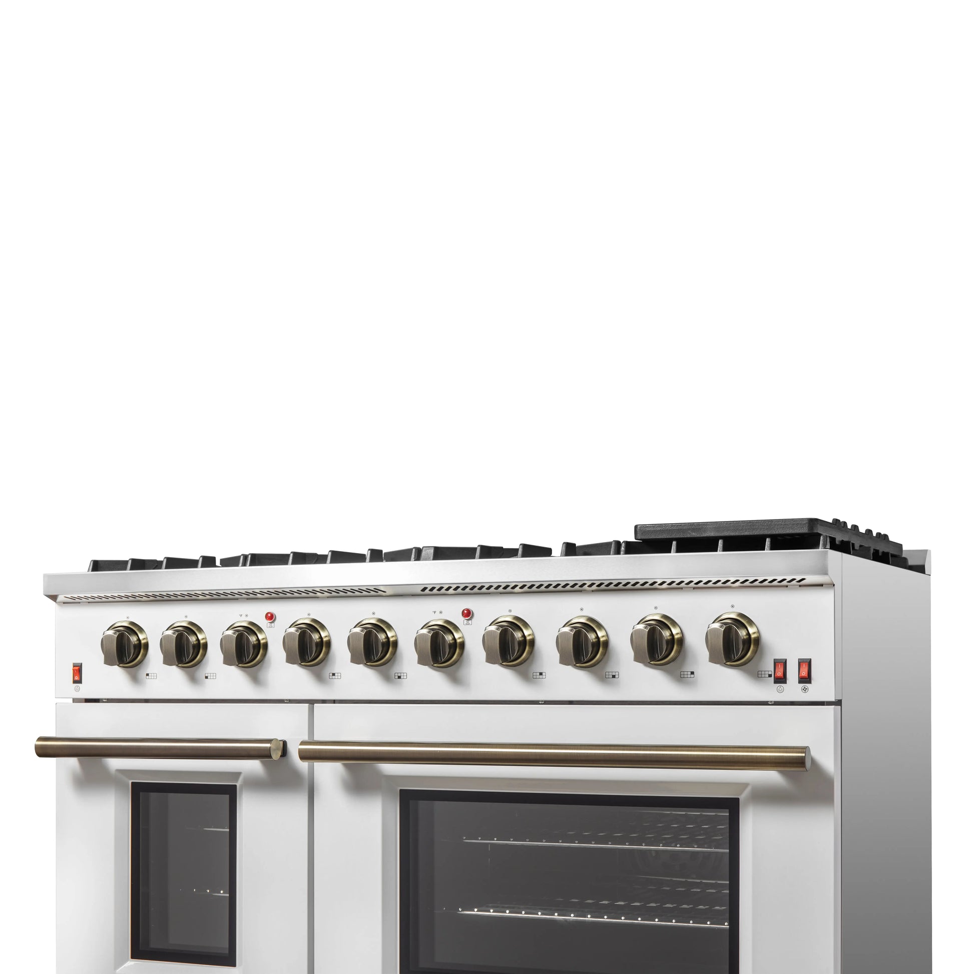 FORNO Galiano 48-inch Gas Range White & Antique Brass Design, 8 Burners, 107,000 BTU, Griddle, 6.58 cu.ft. Double Ovens FORNO