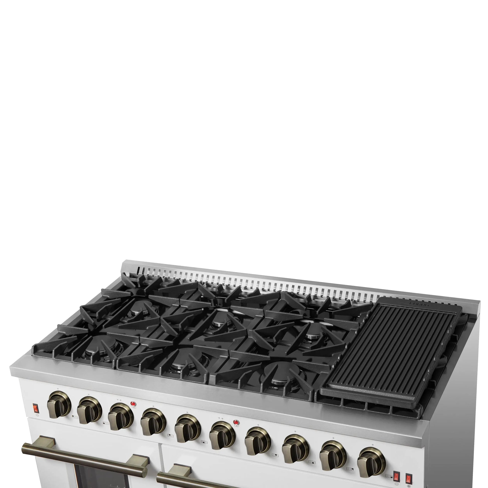 FORNO Galiano 48-inch Gas Range White & Antique Brass Design, 8 Burners, 107,000 BTU, Griddle, 6.58 cu.ft. Double Ovens FORNO