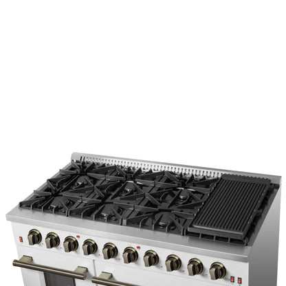 FORNO Galiano 48-inch Gas Range White & Antique Brass Design, 8 Burners, 107,000 BTU, Griddle, 6.58 cu.ft. Double Ovens FORNO