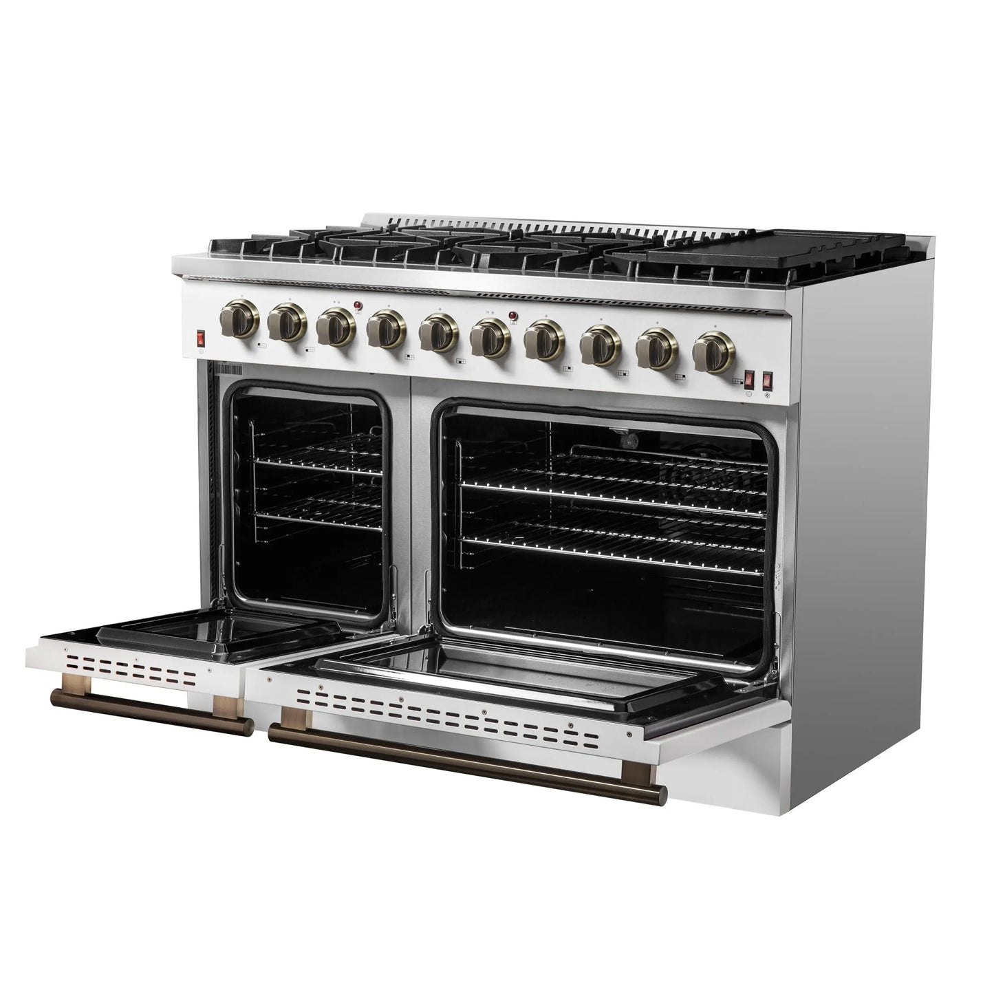 FORNO Galiano 48-inch Gas Range White & Antique Brass Design, 8 Burners, 107,000 BTU, Griddle, 6.58 cu.ft. Double Ovens FORNO