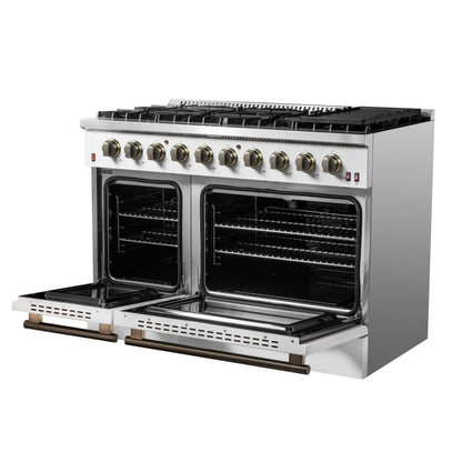 FORNO Galiano 48-inch Gas Range White & Antique Brass Design, 8 Burners, 107,000 BTU, Griddle, 6.58 cu.ft. Double Ovens FORNO