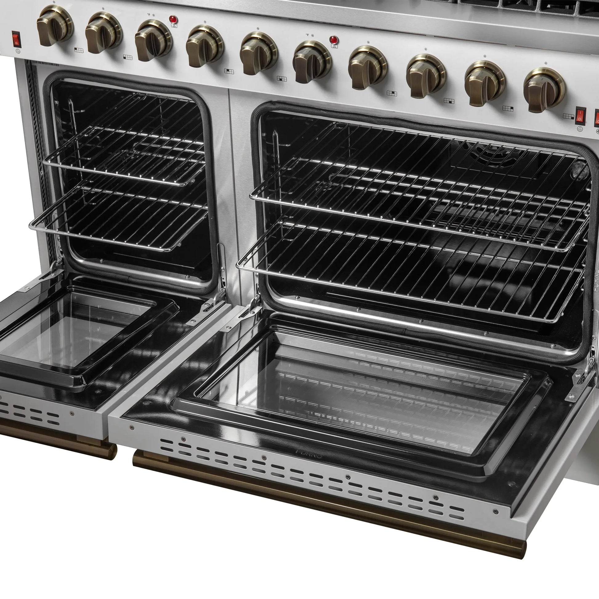 FORNO Galiano 48-inch Gas Range White & Antique Brass Design, 8 Burners, 107,000 BTU, Griddle, 6.58 cu.ft. Double Ovens FORNO