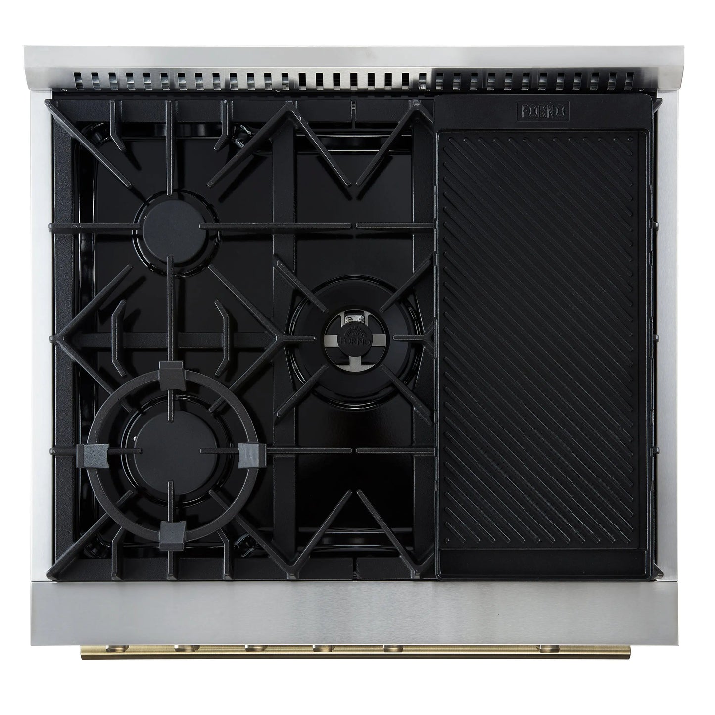 Giovanni 30-inch Gas Range Black & Antique Brass Design, 5 Burners 67,000 BTU, 4.32 cu.ft. Convection Oven FORNO