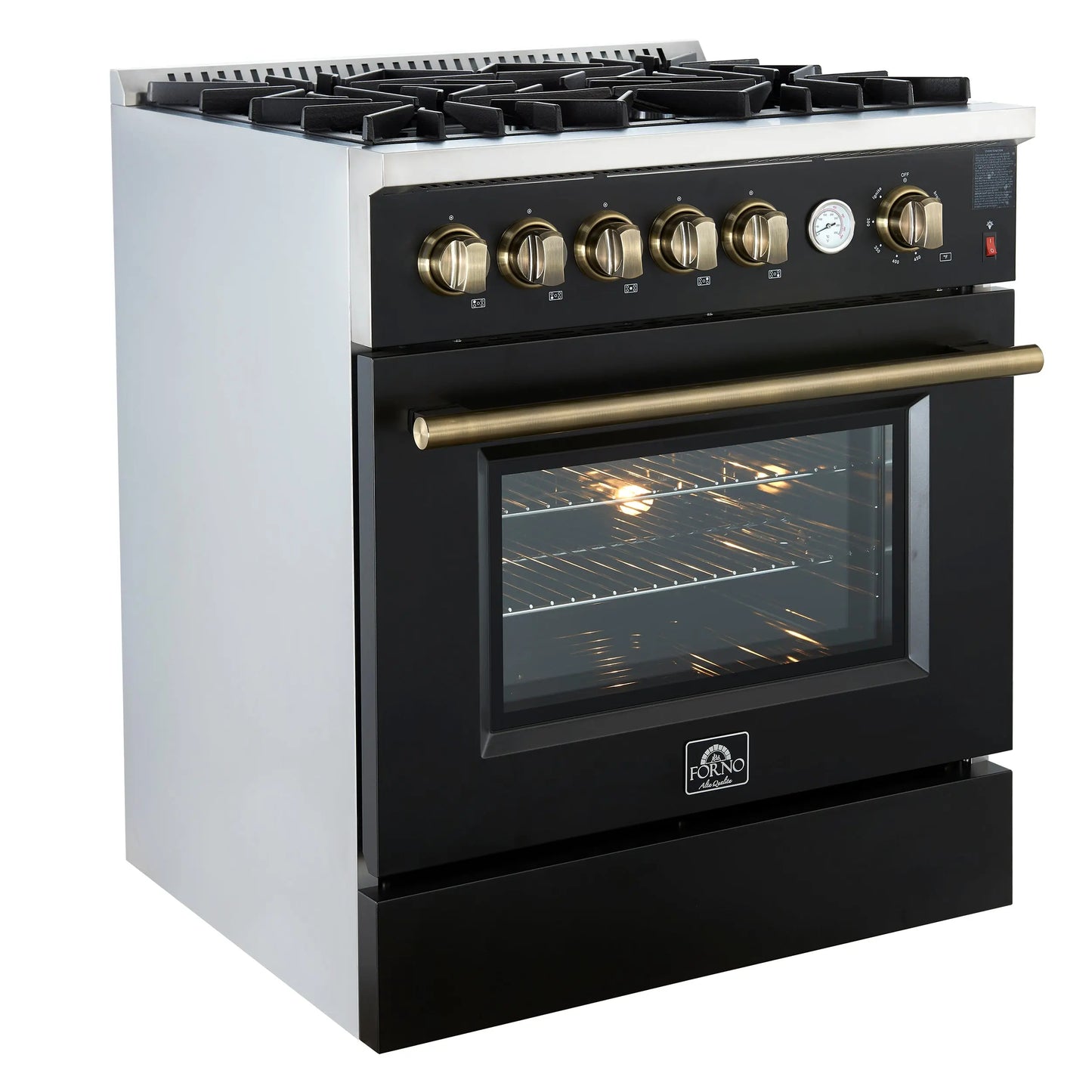 Giovanni 30-inch Gas Range Black & Antique Brass Design, 5 Burners 67,000 BTU, 4.32 cu.ft. Convection Oven FORNO