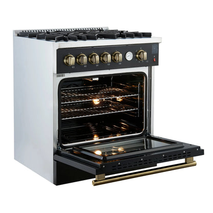 Giovanni 30-inch Gas Range Black & Antique Brass Design, 5 Burners 67,000 BTU, 4.32 cu.ft. Convection Oven FORNO
