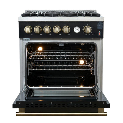 Giovanni 30-inch Gas Range Black & Antique Brass Design, 5 Burners 67,000 BTU, 4.32 cu.ft. Convection Oven FORNO