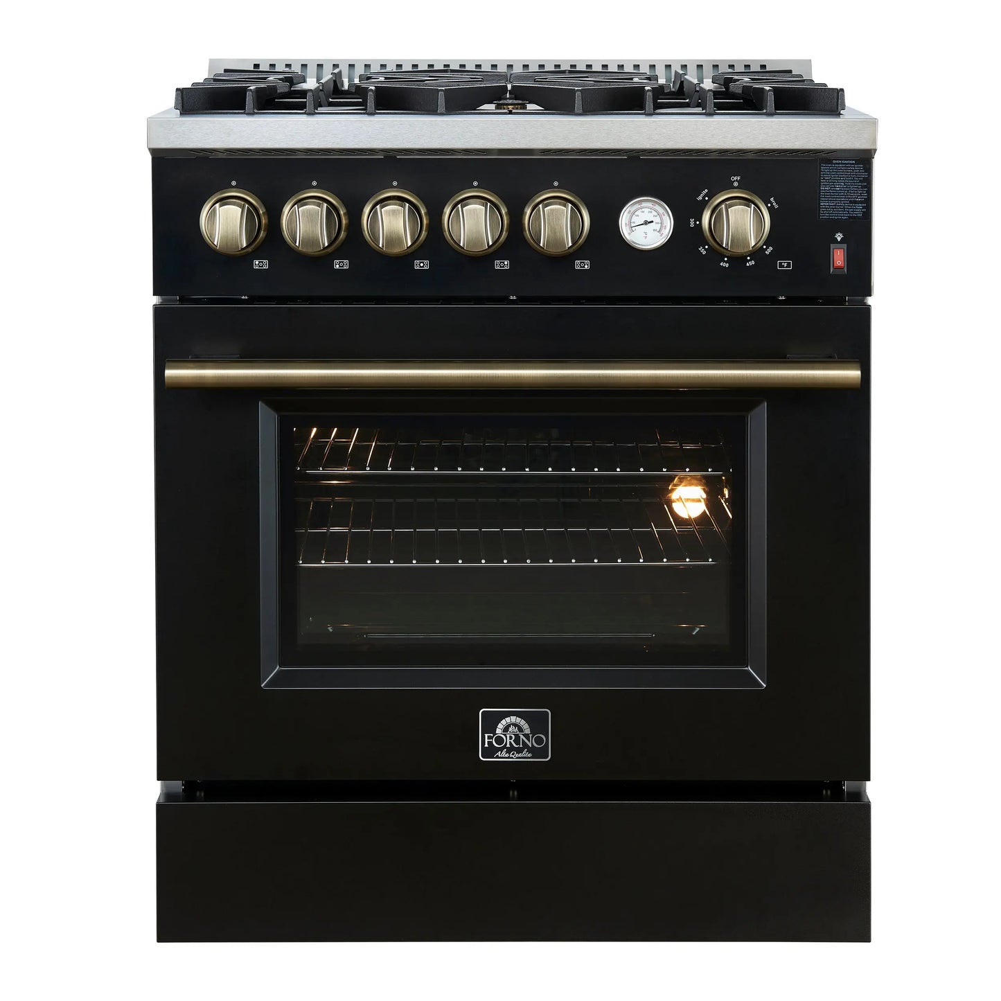 Giovanni 30-inch Gas Range Black & Antique Brass Design, 5 Burners 67,000 BTU, 4.32 cu.ft. Convection Oven FORNO