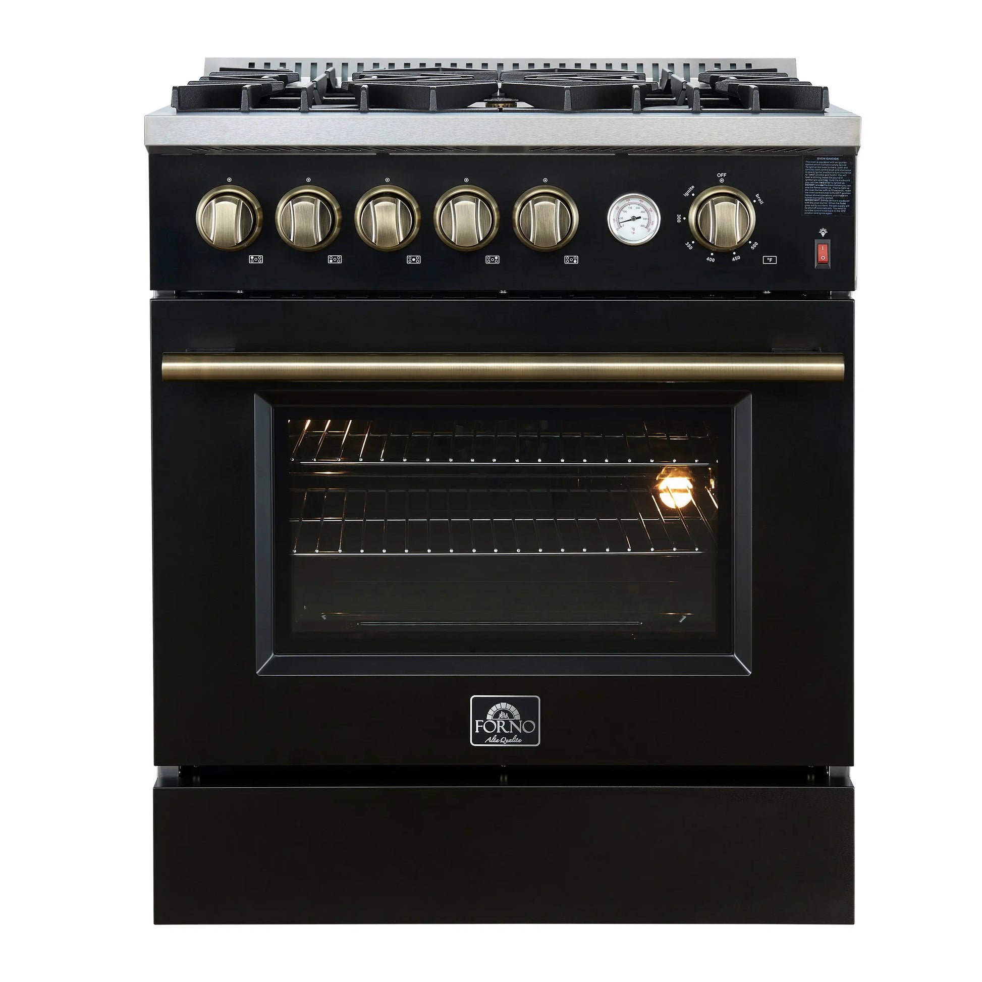 Giovanni 30-inch Gas Range Black & Antique Brass Design, 5 Burners 67,000 BTU, 4.32 cu.ft. Convection Oven FORNO