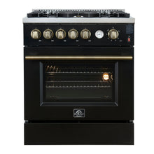 Giovanni 30-inch Gas Range Black & Antique Brass Design, 5 Burners 67,000 BTU, 4.32 cu.ft. Convection Oven FORNO