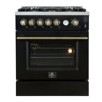 Giovanni 30-inch Gas Range Black & Antique Brass Design, 5 Burners 67,000 BTU, 4.32 cu.ft. Convection Oven FORNO