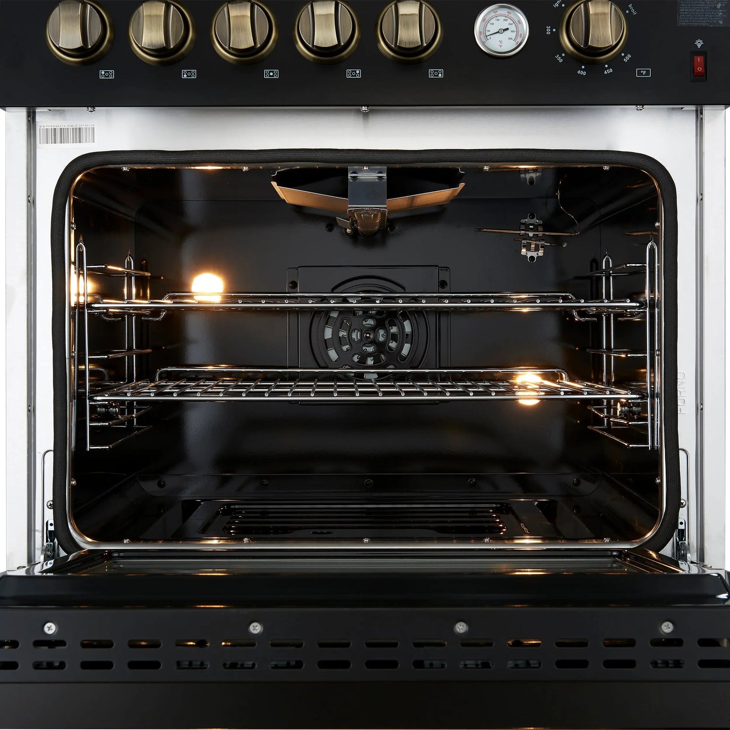 Giovanni 30-inch Gas Range Black & Antique Brass Design, 5 Burners 67,000 BTU, 4.32 cu.ft. Convection Oven FORNO